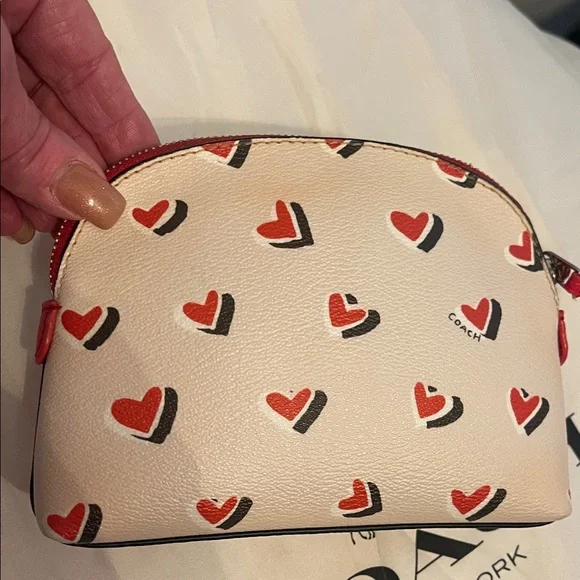 Coach Heart Pattern Cosmetic Bag - Cream and Red - Picture 4 of 5